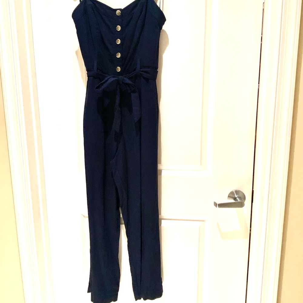 NEW Rails Harper Tie Waist Navy Blue Linen Crop Jumpsuit NWT